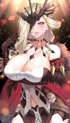 Rule 34 | 1girl, absurdres, arm under breasts, bare shoulders, black dress, black gloves, black mask, blonde hair, blue eyes, blush, breasts, cleavage, clothing cutout, coat, collarbone, commentary request, cowboy shot, dress, elbow gloves, fishnet gloves, fishnets, fur-trimmed coat, fur trim, genshin impact, gloves, hair between eyes, half mask, hand up, highres, large breasts, light particles, light rays, long hair, looking at viewer, mask, mask over one eye, navel, navel cutout, nez-box, one eye covered, paid reward available, partial commentary, signature, signora (genshin impact), solo, standing, strapless, strapless dress, tongue, tongue out