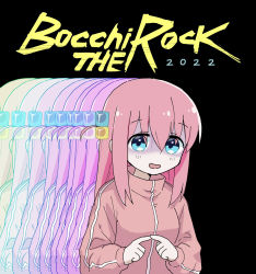Rule 34 | 1girl, blue eyes, blush, bocchi the rock!, crossover, cube hair ornament, cyberpunk (series), cyberpunk 2077, dovepopon, gotoh hitori, hair between eyes, hair ornament, highres, jacket, jersey, long hair, long sleeves, looking at viewer, nervous, one side up, open mouth, pink hair, pink jacket, solo, track jacket, upper body