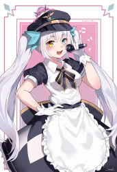 Rule 34 | 2girls, :d, = =, apron, beamed eighth notes, black headwear, blue eyes, blue ribbon, breasts, character name, chibi, chinese commentary, commentary request, crossover, dress, eighth note, frilled apron, frills, gloves, hair ribbon, hand on own hip, hat, heterochromia, highres, holding, holding microphone, hololive, kagura gumi, kagura mea, long hair, looking at viewer, m/, maid, maid headdress, medium breasts, microphone, minato aqua, minato aqua (1st costume), mini person, minigirl, multiple girls, music, musical note, open mouth, peaked cap, pink hair, puffy short sleeves, puffy sleeves, quarter note, ribbon, short sleeves, signature, singing, smile, snozaki, solo focus, twintails, very long hair, virtual youtuber, white apron, white gloves, white hair, wing collar, yellow eyes