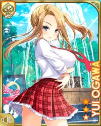 Rule 34 | 1girl, blonde hair, breasts, card, character name, closed mouth, crossed arms, day, english text, fountain, from side, girlfriend (kari), grey eyes, lamppost, large breasts, long hair, necktie, official art, ogawa yui (girlfriend kari), outdoors, plaid, plaid skirt, qp:flapper, red necktie, red skirt, school uniform, shirt, side ponytail, sign, skirt, smile, solo, tagme, white shirt