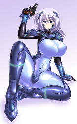 Rule 34 | 1girl, absurdres, artist request, blue eyes, bodysuit, breasts, cryska barchenowa, fortified suit, gun, hair ornament, hairclip, handgun, highres, huge breasts, legs, light purple hair, long legs, looking at viewer, muv-luv, muv-luv alternative, muv-luv total eclipse, pistol, simple background, sitting, skin tight, solo, spread legs, thick thighs, thighs, weapon