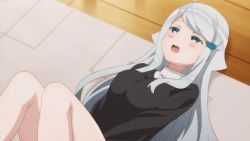 Rule 34 | 10s, 1girl, ahoge, animated, animated gif, black sweater, blush, breasts, closed eyes, female focus, hair ornament, imouto sae ireba ii, kani nayuta, large breasts, long hair, lying, sexually suggestive, silver hair, solo, sweater, wooden floor