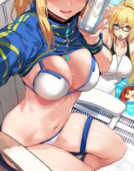 Rule 34 | 3girls, absurdres, arms behind back, artoria pendragon (fate), bikini, blonde hair, blush, breasts, can, competition swimsuit, fate/grand order, fate (series), fingernails, fujimaru ritsuka (female), glasses, hews, highres, jeanne d&#039;arc (fate), jeanne d&#039;arc (ruler) (fate), jeanne d&#039;arc (swimsuit archer) (fate), jeanne d&#039;arc (swimsuit archer) (second ascension) (fate), large breasts, long fingernails, long hair, looking at viewer, mouth hold, multiple girls, mysterious heroine x (fate), mysterious heroine xx (fate), navel, one-piece swimsuit, orange hair, ponytail, shrug (clothing), smile, stomach day, sweatdrop, swimsuit, whistle, whistle around neck, yellow eyes