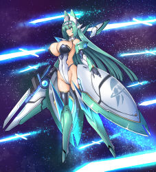 Rule 34 | 1girl, android, aqua hair, blue eyes, blunt bangs, bow, breasts, cleavage, covered erect nipples, energy sword, floating, floating hair, floating sword, floating weapon, generic ooban yaki, gun, hair bow, hairband, highres, holding, holding gun, holding weapon, large breasts, leotard, long hair, looking ahead, mecha musume, open hand, open mouth, original, science fiction, space, sword, thighhighs, very long hair, weapon, white bow, white hairband, y-0 (generic ooban yaki)