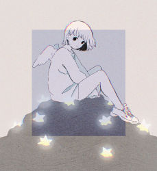 Rule 34 | 1girl, angel wings, black eyes, chromatic aberration, expressionless, feathered wings, glowing, highres, long sleeves, original, shirt, shoes, short hair, sion 0d1m, sitting, solo, star (symbol), wings
