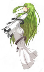 Rule 34 | 00s, 1girl, ass, blush, c.c., code geass, female focus, from behind, full body, green hair, head tilt, long hair, loo, looking at viewer, looking back, robe, sidelocks, simple background, solo, standing, straitjacket, very long hair, white background, yellow eyes