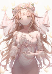 Rule 34 | 1girl, absurdres, backlighting, blonde hair, blunt bangs, blush, braid, breasts, bridal veil, bug, butterfly, choker, closed mouth, collarbone, commentary, cowboy shot, dress, earrings, eyelashes, flower, flower earrings, flower wreath, french braid, green eyes, head tilt, head wreath, heart, highres, holding hourglass, hourglass, insect, jewelry, leaf, light particles, long hair, long sleeves, looking at viewer, medium breasts, original, pink flower, puffy long sleeves, puffy sleeves, sakura ouo9, see-through, see-through sleeves, sidelocks, sleeve cuffs, smile, solo, standing, symbol-only commentary, tareme, taut clothes, taut dress, tearing up, tears, veil, very long hair, wavy hair, white background, white choker, white dress, white flower
