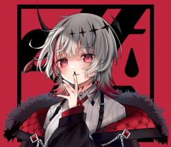 Rule 34 | 1girl, black background, black jacket, black nails, chaaym, collared shirt, colored tips, dtto., earrings, finger to mouth, grey hair, grey shirt, highres, indie utaite, indie virtual youtuber, jacket, jewelry, looking at viewer, medium hair, multicolored hair, nail polish, off shoulder, original, parted lips, portrait, red background, red eyes, red hair, shirt, solo, streaked hair, utaite, virtual youtuber