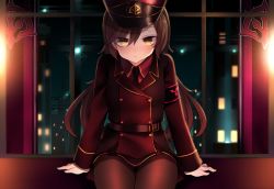 Rule 34 | 1girl, belt, brown hair, buttons, collared shirt, commentary request, double-breasted, hair between eyes, hat, highres, indoors, long hair, long sleeves, looking at viewer, military, military uniform, necktie, neit ni sei, night, original, pantyhose, peaked cap, shirt, sitting, sitting on table, skirt, solo, swept bangs, uniform, window, yellow eyes
