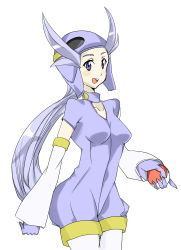 Rule 34 | 1girl, :d, blue eyes, blush, breasts, choker, collar, collarbone, cowboy shot, creatures (company), detached sleeves, eyebrows, game freak, gloves, gym leader, gym uniform, hair flaps, helmet, holding, holding poke ball, index finger raised, karuishi, light purple hair, long hair, long sleeves, medium breasts, nintendo, open mouth, pantyhose, poke ball, pokemon, pokemon rse, puffy shorts, purple eyes, short sleeves, shorts, silver hair, simple background, smile, solo, standing, straight hair, teeth, tongue, unitard, very long hair, white background, white pantyhose, winona (pokemon)
