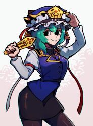 Rule 34 | 1girl, arm up, asymmetrical hair, black eyes, black skirt, blue hat, blue vest, closed mouth, epaulettes, flower, frilled hat, frills, green hair, hat, highres, holding, iganashi1, juliet sleeves, long sleeves, looking at viewer, puffy sleeves, rod of remorse, shiki eiki, short hair, skirt, smile, solo, spider lily, touhou, vest, white background