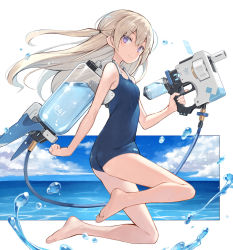 Rule 34 | 1girl, barefoot, blonde hair, breasts, from side, highres, long hair, looking at viewer, original, poco (asahi age), purple eyes, school swimsuit, small breasts, solo, swimsuit, water, water gun, white background