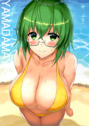 Rule 34 | 1girl, absurdres, bare arms, bare legs, bare shoulders, beach, bikini, blush, breasts, character name, cleavage, closed mouth, cowboy shot, day, female focus, from above, glasses, green eyes, green hair, hair between eyes, highres, huge breasts, incredibly absurdres, infinite stratos, legs, legs together, looking at viewer, matching hair/eyes, navel, ocean, outdoors, sand, semi-rimless eyewear, shibayuki, short hair, smile, solo, standing, sweat, swimsuit, thighs, water, yamada maya (infinite stratos), yellow bikini