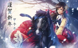 Rule 34 | 1girl, bad id, bad pixiv id, black hair, blue eyes, chinese text, hair ornament, highres, horse, long hair, original, sliverbin, snow, solo, traditional chinese text