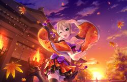 1girl autumn_leaves black_eyes breasts building cleavage cloud fire game_cg grey_hair idolmaster idolmaster_cinderella_girls idolmaster_cinderella_girls_starlight_stage japanese_clothes official_art one_eye_closed open_mouth orange_skirt sandals shiomi_syuko short_hair skirt solo sun sunset thighhighs