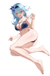 Rule 34 | 1girl, :d, absurdres, ass, bare arms, bare legs, bare shoulders, barefoot, bikini, black hairband, blue bikini, blue eyes, blue hair, blush, breasts, cleavage, collarbone, commentary request, earrings, eula (genshin impact), feet, full body, genshin impact, hair ornament, hairband, hand up, highres, jewelry, large breasts, long hair, looking at viewer, lying, o-ring, o-ring bikini, on side, open mouth, pulled by self, simple background, smile, solo, stomach, strap pull, stud earrings, swimsuit, thighs, white background, yiran