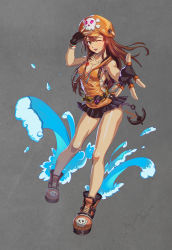 Rule 34 | 1girl, adapted costume, anchor, ankle boots, backpack, bag, belt, belt buckle, black skirt, boots, breasts, brown hair, buckle, cleavage, clothing cutout, covered erect nipples, cross-laced clothes, cross-laced cutout, fingerless gloves, full body, gloves, guilty gear, guilty gear strive, hat, heart, heart necklace, hentaitop, highres, hood, hood down, hoodie, jewelry, legs, long hair, looking at viewer, may (guilty gear), medium breasts, microskirt, miniskirt, necklace, no bra, one eye closed, orange eyes, orange hat, orange shirt, outstretched hand, pleated skirt, salute, shirt, sideboob, signature, skirt, skull and crossbones, sleeveless, sleeveless hoodie, solo, standing