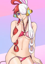 Rule 34 | 1girl, absurdres, bikini, braid, breasts, female focus, fingernails, headphones, highres, large breasts, long fingernails, looking at viewer, loose bikini, multicolored hair, one eye covered, one piece, one piece film: red, pale skin, purple eyes, red hair, smile, solo, swimsuit, two-tone hair, uta (one piece), white hair