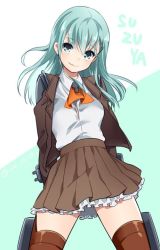 Rule 34 | 10s, 1girl, aqua eyes, aqua hair, blush, brown thighhighs, character name, hair ornament, hairclip, ica, kantai collection, long hair, looking at viewer, neckerchief, personification, pleated skirt, school uniform, skirt, smile, solo, suzuya (kancolle), thighhighs, translated, twitter username, zettai ryouiki