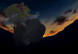 Rule 34 | 1girl, blonde hair, cloud, dress, fisheye, hair ribbon, igureon, kneehighs, leg up, looking at viewer, open hands, open mouth, outstretched arms, pom pom (clothes), red eyes, ribbon, rumia, short hair, sky, socks, solo, spread arms, star (sky), starry sky, sunset, touhou, wide-eyed
