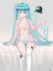 Rule 34 | 1girl, arm at side, artist logo, bed sheet, black bow, blue eyes, blue hair, blue panties, blush, bow, bra, breasts, breasts apart, closed mouth, collared shirt, commentary request, gluteal fold, grey background, hair ribbon, hatsune miku, hbb, highres, holding, holding bra, holding clothes, holding ribbon, holding underwear, large breasts, long hair, long sleeves, looking to the side, navel, on bed, open clothes, open shirt, panties, pink ribbon, pink shirt, ribbon, shirt, simple background, sitting, smile, solo, stomach, striped bra, striped clothes, striped panties, thighhigh pushed down, thighhighs, twintails, underwear, unworn bra, very long hair, vocaloid