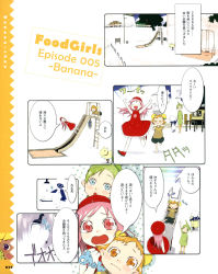 Rule 34 | artbook, beanie, chef, chef hat, comic, dress, food girls, hat, highres, melon-chan (fg), okama, park, playground, refrigerator, slide, strawberry-chan, swing, tears, yuzu-chan