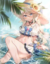 Rule 34 | 1girl, bad id, bad pixiv id, bare shoulders, bikini, blue bow, blue eyes, blurry, blurry foreground, blush, bow, breasts, brown hair, brown hat, closed mouth, collarbone, commentary request, criss-cross halter, day, depth of field, flower, frilled bikini, frills, goyain, hair between eyes, halterneck, hat, hat flower, knee up, long hair, looking at viewer, navel, original, outdoors, palm tree, shallow water, sitting, small breasts, smile, solo, straw hat, sunflower, swimsuit, tree, very long hair, water, white bikini, yellow flower