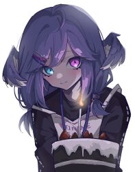 Rule 34 | 1girl, absurdres, ahoge, birthday, birthday cake, black sweater, blue eyes, braid, cake, candle, closed mouth, commentary, english commentary, fangs, food, fruit, hair ornament, hairclip, head wings, heterochromia, highres, lanyard, long sleeves, looking at viewer, medium hair, mentally deficient, nijisanji, nijisanji en, purple eyes, purple hair, purple wings, race bib, selen tatsuki, selen tatsuki (1st costume), simple background, skin fangs, smile, solo, strawberry, sweater, twin braids, upper body, virtual youtuber, white background, wings