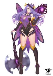 Rule 34 | 1girl, absurdres, alternate costume, artist logo, artist name, axe, bare shoulders, battle axe, black footwear, black leotard, black sleeves, boots, breasts, camilla (fire emblem), cleavage, cleavage cutout, clothing cutout, commentary, cosplay, detached sleeves, english commentary, fairy wings, female focus, fire emblem, fire emblem fates, fire emblem heroes, floating, floating object, full body, hair ornament, hair over one eye, highres, holding, holding axe, holding weapon, kaos art, large breasts, leotard, lips, long hair, looking at viewer, multicolored clothes, multicolored leotard, nintendo, one eye covered, parted lips, pink lips, plumeria (fire emblem), plumeria (fire emblem) (cosplay), purple eyes, purple hair, purple leotard, simple background, solo, thighs, thorns, two-tone leotard, wavy hair, weapon, white background, wings