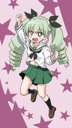 Rule 34 | 1girl, alternate costume, anchovy (girls und panzer), arm up, black neckerchief, black ribbon, black socks, blouse, bright pupils, brown eyes, brown footwear, clenched hands, commentary, drill hair, floating, girls und panzer, green hair, green skirt, hair ribbon, highres, loafers, long hair, long sleeves, looking at viewer, midriff peek, miniskirt, navel, neckerchief, ooarai school uniform, open mouth, pleated skirt, ponzu rui, purple background, raised fist, ribbon, sailor collar, school uniform, serafuku, shirt, shoes, simple background, skirt, smile, socks, solo, twin drills, twintails, white pupils, white sailor collar, white shirt
