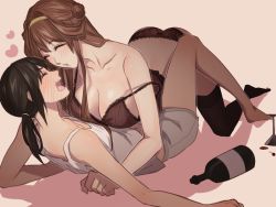 Rule 34 | 10s, 2girls, alcohol, all fours, arm support, ass, back, bad id, bad pixiv id, bare legs, bare shoulders, barefoot, black hair, black legwear, blush, bottle, breast press, breasts, brown hair, brown panties, clenched hand, closed eyes, collarbone, cup, drinking glass, drunk, female focus, fubuki (kancolle), girl on top, hairband, heart, imminent kiss, kantai collection, kongou (kancolle), large breasts, legs, lingerie, long hair, lying, meron, midriff, multiple girls, navel, neck, nightgown, o3o, off shoulder, on back, open mouth, panties, pink background, ponytail, shadow, shiny skin, short hair, short shorts, shorts, shy, simple background, smile, strap slip, tank top, thighhighs, underwear, wavy mouth, wine glass, yuri