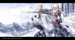 Rule 34 | 2girls, bad id, bad pixiv id, belt, belt buckle, belt pouch, binoculars, blonde hair, blue eyes, bolt action, boots, buckle, bullet, cleavage cutout, clothing cutout, eyelashes, firing, focused, fur-trimmed boots, fur-trimmed jacket, fur hat, fur trim, girls&#039; frontline, gloves, grass, gun, hair between eyes, hammer and sickle, hat, highres, jacket, jacket on shoulders, kneeling, letterboxed, long hair, long sleeves, military, military uniform, mod3 (girls&#039; frontline), mosin-nagant, mosin-nagant (girls&#039; frontline), mosin-nagant (mod3) (girls&#039; frontline), mountain, multiple girls, nagant revolver (girls&#039; frontline), nagant revolver (mod3) (girls&#039; frontline), on one knee, pantyhose, pouch, red eyes, red star, ribbed sweater, rifle, russian text, scenery, scope, sidelocks, sitting, sleeve cuffs, snow, snowing, star (symbol), sweater, thigh strap, translation request, tree, turisasu, uniform, ushanka, weapon, white jacket, winter clothes