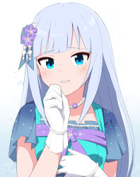 Rule 34 | 1girl, blue eyes, blue hair, blush, bracelet, collarbone, dot nose, dress, flower, gloves, grey hair, hair flower, hair ornament, hand on own chest, hand on own face, happy tears, idolmaster, idolmaster million live!, idolmaster million live! theater days, jewelry, long hair, looking at viewer, multicolored clothes, multicolored dress, necklace, open mouth, pearl bracelet, pearl necklace, shiraishi tsumugi, short sleeves, simple background, smile, solo, tears, trinitro t, very long hair, white gloves