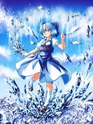 Rule 34 | 1girl, blue dress, blue eyes, blue hair, bow, cirno, dress, dress shirt, full body, hair bow, highres, ice, ice crystal, ice wings, kneehighs, mary janes, matching hair/eyes, nsio, puffy short sleeves, puffy sleeves, red ribbon, ribbon, shirt, shoes, short hair, short sleeves, smile, socks, solo, touhou, wings