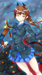 Rule 34 | 1girl, angela salas larrazabal, animal ears, brown hair, dutch angle, flower, green eyes, gun, horse girl, long hair, looking at viewer, marie (bethlehem), military, military uniform, outdoors, skirt, sky, solo, strike witches, strike witches: kurenai no majo-tachi, tail, uniform, weapon, world witches series