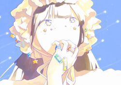 Rule 34 | 1girl, bandaid, blue sky, cheese 000070, highres, looking up, no nose, original, sky, solo, star (sky), star (symbol), upper body