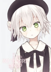 Rule 34 | 1girl, :&lt;, artist name, beret, black bow, black hat, black ribbon, bow, capriccio, character name, closed mouth, collared shirt, commentary request, cosplay, facial scar, fate/grand order, fate (series), flower, green eyes, grey background, hair between eyes, hair flower, hair ornament, hat, hatoba tsugu, hatoba tsugu (cosplay), jack the ripper (fate/apocrypha), looking at viewer, ribbon, rose, scar, scar across eye, scar on cheek, scar on face, shirt, silver hair, solo, suspenders, virtual youtuber, white flower, white rose, white shirt