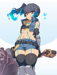 Rule 34 | abs, belt, black belt, black hair, black thighhighs, black tube top, blue vest, boots, closed mouth, elbow gloves, fingerless gloves, gd. fengzi, gloves, highres, jewelry, medium hair, midriff, navel, necklace, sena (xenoblade), shorts, side ponytail, stomach, strapless, thighhighs, tube top, vest, xenoblade chronicles (series), xenoblade chronicles 3