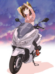 Rule 34 | 1girl, armpits, arms behind head, bakuon!!, bikini, breasts, brown eyes, brown hair, cleavage, front-tie bikini top, front-tie top, highres, legs, looking at viewer, medium breasts, midriff, motor vehicle, motorcycle, nakano chisame, pants, seductive smile, smile, solo, swimsuit, thighs, twintails