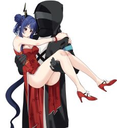 Rule 34 | 1boy, 1girl, arknights, ass, bare legs, bead bracelet, beads, black coat, blue hair, blush, bracelet, breasts, carrying, ch&#039;en (ageless afterglow) (arknights), ch&#039;en (arknights), cleavage, coat, doctor (arknights), double bun, dragon girl, dragon horns, dragon tail, dress, embarrassed, floral print, frown, full body, hair bun, high heels, highres, horns, hug, jewelry, legs, lily0428, long hair, medium breasts, princess carry, red dress, red eyes, tail, thighs, upskirt