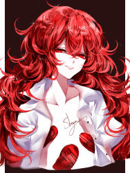 Rule 34 | 1other, artist name, black background, border, chinese commentary, collarbone, commentary request, cropped torso, eyelashes, grin, hair between eyes, highres, houseki no kuni, long hair, looking at viewer, messy hair, open clothes, open shirt, padparadscha (houseki no kuni), pillarboxed, red eyes, red hair, sheya, shirt, short sleeves, signature, simple background, smile, solo, sparkle, upper body, white border, white shirt