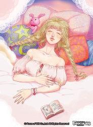 Rule 34 | 1girl, bad id, bad pixiv id, bare shoulders, blonde hair, book, braid, breasts, center opening, cleavage, copyright name, earrings, closed eyes, force of will, jewelry, long hair, miyagekko, official art, pillow, ring, sleeping, solo, stuffed animal, stuffed toy, twin braids