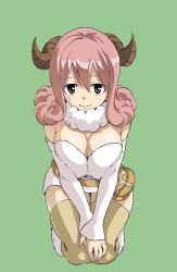 Rule 34 | 1girl, aries (fairy tail), bag, breast press, breasts, breasts squeezed together, brown eyes, cleavage, closed mouth, curled horns, detached sleeves, dress, facing viewer, fairy tail, green background, hands on own knees, happy, horns, kneeling, large breasts, long hair, looking at viewer, mashima hiro, monster girl, official art, own hands together, pink hair, satchel, seiza, sheep girl, sheep horns, simple background, sitting, smile, solo, thighhighs, wool, wool dress