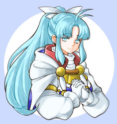 Rule 34 | 05a7w, 1girl, aqua hair, blue eyes, blue hair, breasts, closed mouth, gloves, golden sun, hair ribbon, highres, large breasts, long hair, looking at viewer, medium breasts, mia (golden sun), ponytail, ribbon, robe, smile, solo, white gloves, wide ponytail