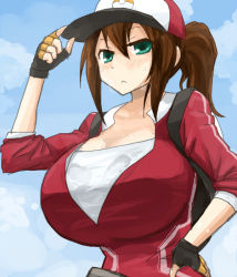 Rule 34 | 10s, 1girl, adjusting clothes, adjusting headwear, baseball cap, blush, breasts, brown hair, cleavage, creatures (company), cropped jacket, female protagonist (pokemon go), game freak, green eyes, hat, huge breasts, long hair, looking at viewer, nintendo, oro (zetsubou girl), pokemon, pokemon go, ponytail, serious, solo, unzipped, upper body