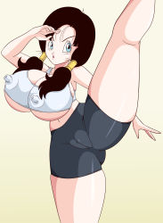 Rule 34 | 10s, 1girl, absurdres, black hair, blue eyes, breasts, cameltoe, cleft of venus, covered erect nipples, dragon ball, dragonball z, female focus, highres, huge breasts, open mouth, solo, spread legs, toshiso (artist), videl