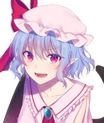 Rule 34 | 1girl, :d, asa (coco), ascot, bat wings, blue hair, blush, bow, brooch, collarbone, commentary request, dress, frilled shirt collar, frills, hair between eyes, hat, hat bow, highres, jewelry, looking at viewer, mob cap, open mouth, pink dress, pink hat, pointy ears, red ascot, red bow, red eyes, remilia scarlet, short hair, simple background, smile, solo, touhou, upper body, white background, wings