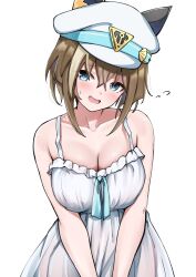 Rule 34 | alternate costume, animal ears, blue eyes, blush, breasts, brown hair, camisole, cheval grand (umamusume), cleavage, collarbone, commentary request, embarrassed, hair between eyes, herohero (higashi no dou), highres, horse ears, large breasts, looking at viewer, medium hair, open mouth, see-through, see-through camisole, simple background, sweat, umamusume, white background