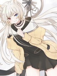 Rule 34 | animal ears, arknights, black choker, black dress, blue eyes, cardigan, cat ears, choker, commentary, cowboy shot, dress, dutch angle, floating hair, hand on own chest, heterochromia, highres, holding, holding staff, holding weapon, long hair, looking at viewer, nightmare (arknights), off-shoulder sweater, off shoulder, open cardigan, open clothes, platinum blonde hair, red eyes, shoujo l, simple background, smile, solo, staff, sweater, symbol-only commentary, very long hair, weapon, white background, yellow sweater