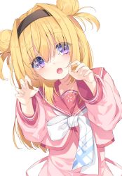 Rule 34 | 1girl, :o, blonde hair, blush, chitose sana, chiyonekoko, claw pose, commentary request, cropped jacket, double bun, eyes visible through hair, fang, hair bun, hair intakes, high-waist skirt, highres, jacket, long hair, long sleeves, looking at viewer, open mouth, pink jacket, pink skirt, purple eyes, red sailor collar, sailor collar, simple background, skin fang, skirt, solo, tenshinranman, two side up, upper body, white background
